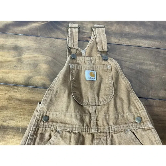 Kids Carhartt Overalls Canvas Bib Double Knee Pants Brown Youth 4 - Picture 8 of 12
